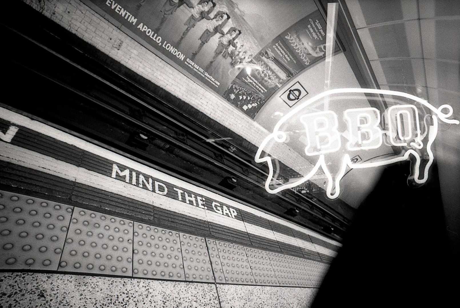 BBQ sign and Tube station platform (Pic: Caroline Mills)